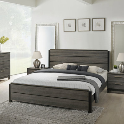 Contemporary Wood Panel Bed, Gray Finish