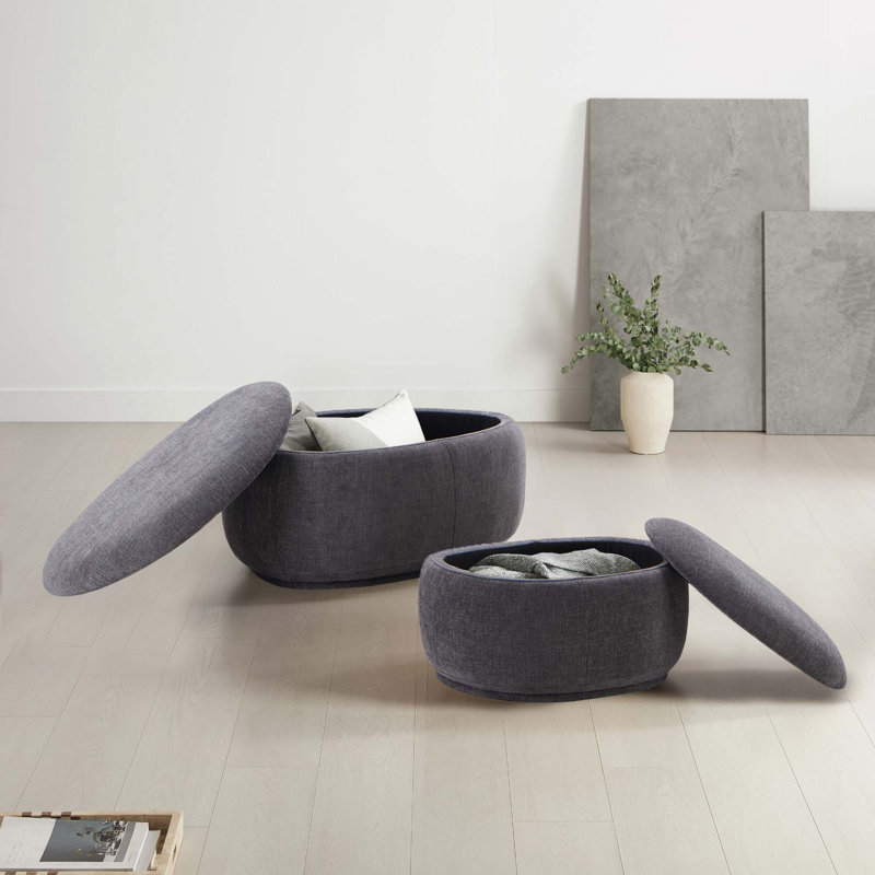 Hoya Oval Velvet Storage Ottoman (Set of 2) , Joyce Charcoal Performance Basketweave