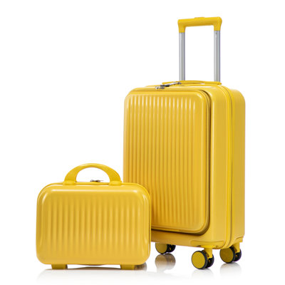 14"/20" 2 Pcs/Set In ABS Spinner Wheel Luggage, With Combination Lock And Front Opening Design, 14" Cosmetic Case (Yellow)