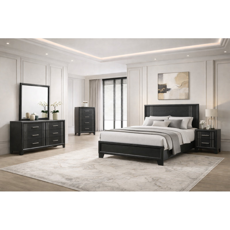 Ensemble de chambre à coucher à panneau moderne avec finition gris anthracite, 5 Piece, Très grand lit