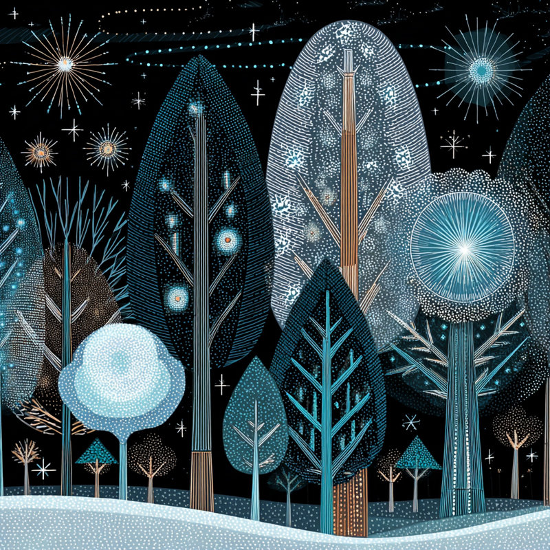 «Night Sky Winter Fireworks Forest», art mural sur toile tendue, H 40 po x l 40 po
