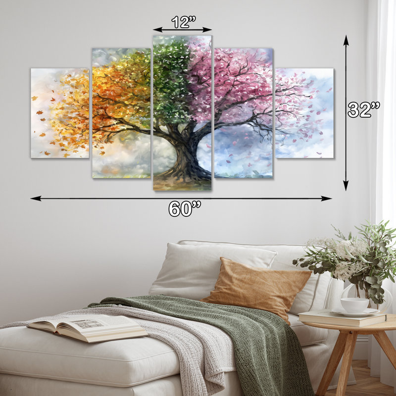Ensemble de salon art mural arbre de vie rose avec quatre saisons