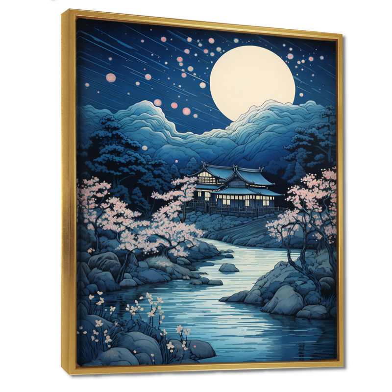 Pleine lune au bord de la rivière - Japon, art mural du salon, H 32 po x l 24 po x P 1 po, Toile dorée avec cadre flottant