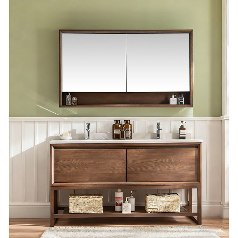 Meuble-lavabo en bois d'hévéa de style américain avec plateau en marbre