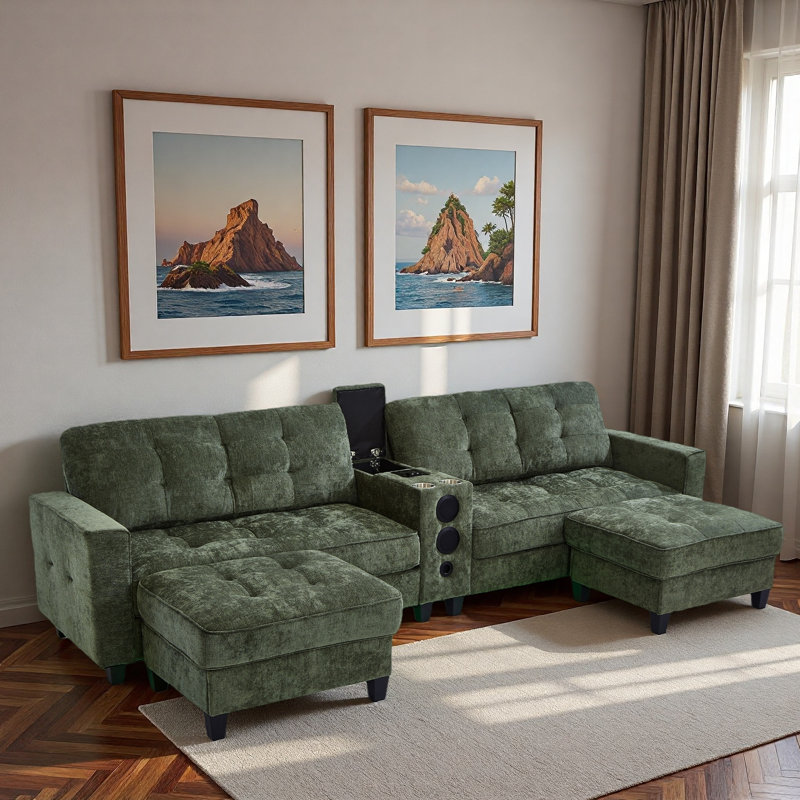 Modern U-shaped Sectional With Movable Storage Ottomans, Multifunctional Console, Bluetooth Speakers And Led Lights