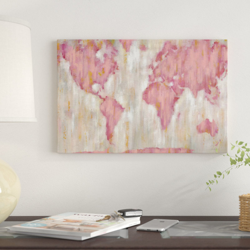 «Blush World Map», impression sur toile, H 18 po x l 26 po x P 1,5 po, Toile tendue, Pas de tapis