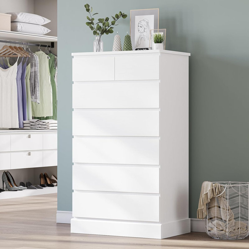 Grande commode blanche à sept tiroirs, garde-robe / coiffeuse / tiroir en bois moderne avec espace de rangement pour bijoux. Dimensions: L 26 po x l 16,34 po x H 51,77 po. Grande commode sur pied, idéale pour les chambres à coucher et les salons.