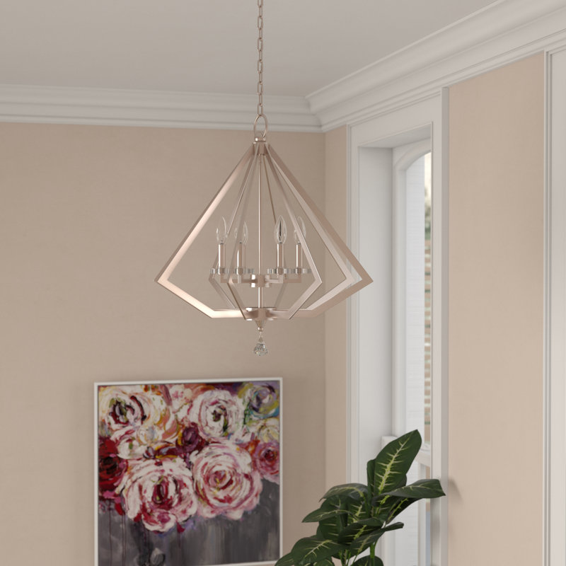 Zyvon Steel Dimmable Lantern Geometric Chandelier, Brushed Nickel, 4, 26" H x 25" W x 25" D