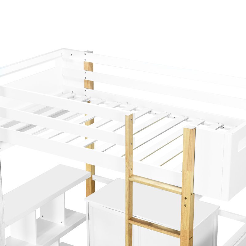 Élégant lit mezzanine simple blanc avec tiroirs de rangement et bureau d'ordinateur pliable pour chambres d'étudiant, Blanc