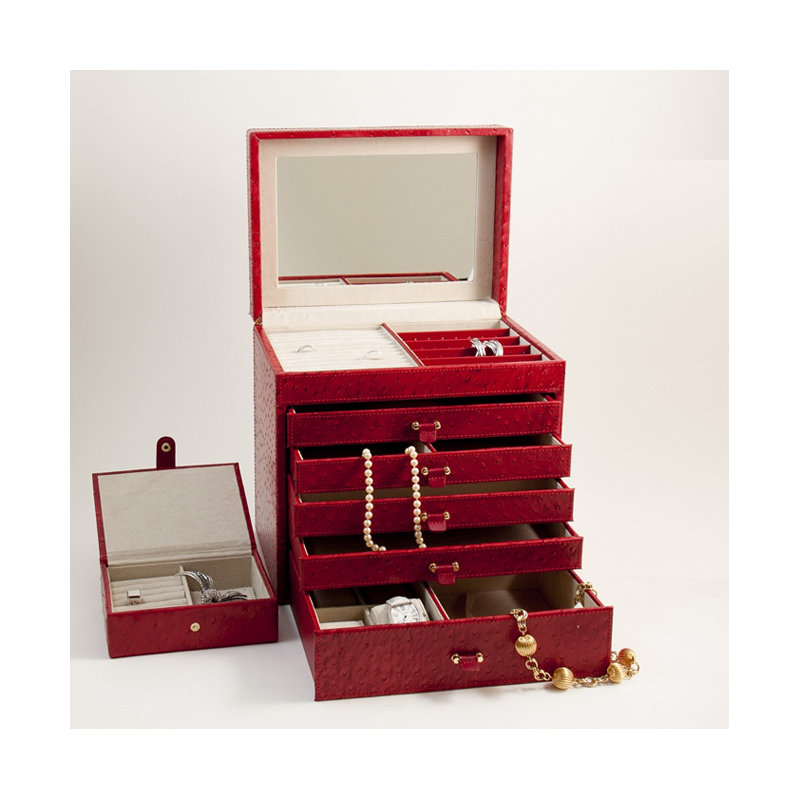 Jewellery Box + Drawers, Red Leather