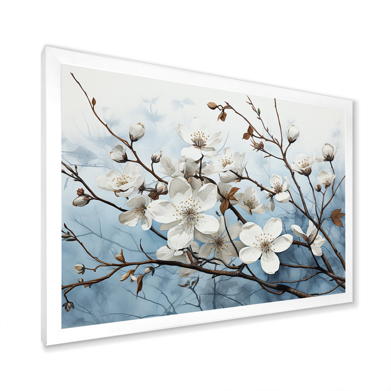 Harmonie V blanche sur cornouiller blanc sur toile, Cadre de coin blanc fermé, H 30 po x l 40 po