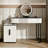 Modern Vanity Table with Tempered Glass Top, Adjustable Height Legs, Multi-functional Storage Cabinet and Round Mirror, White and Black, 100cm/39.37in Wide - Perfect for Bedroom, Dorm, Small Spaces.