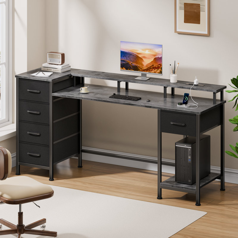 Computer Desk with Monitor Stand & Charging Station, Gaming Desk with LED Lights & Drawers, 29.8" H x 55.1" W x 18.8" D