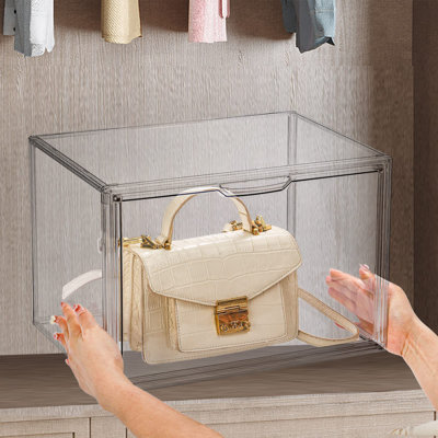 3 Pack Plastic Handbag Storage Organizer For Closet, Clear Acrylic Display Case With Magnetic Door, Luxury Stackable Purse Clutch Organization, Assemble Collectibles Boxes For Wallet, Book, Toys