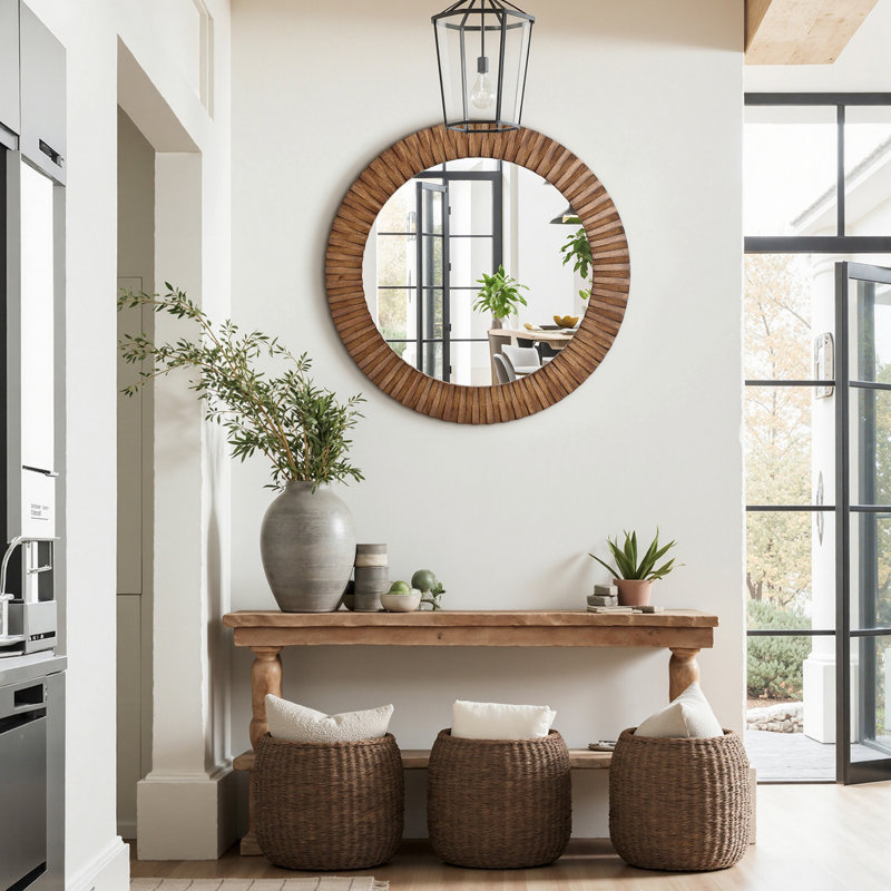 Rustic Oak Wood Textured Round Wall Mirror, 29” Decorative Home Accent