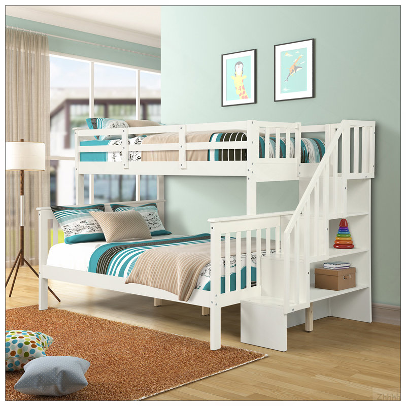 Lit superposé simple au-dessus d'un lit double avec rangement et barrière de sécurité pour chambre à coucher, couleur blanche Stairway