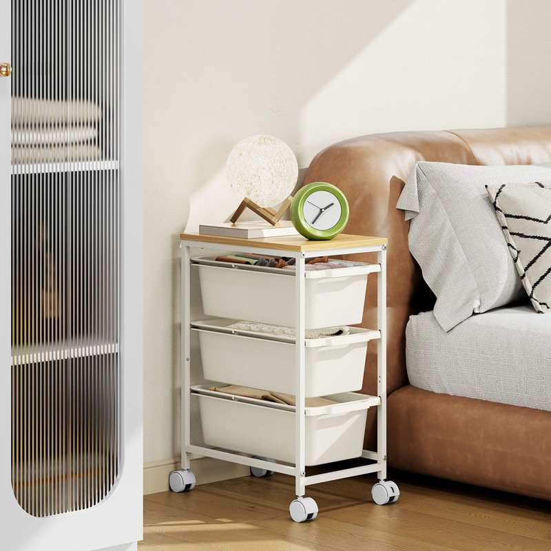 Chariot de rangement mince avec 3 tiroirs et plateau en bois