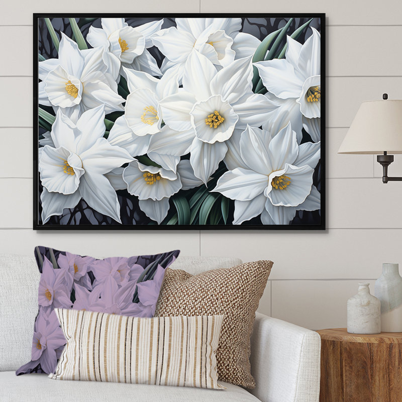 Minimalisme, jonquilles blanches I sur toile, Cadre flottant noir, H 34 po x l 44 po x P 1,5 po