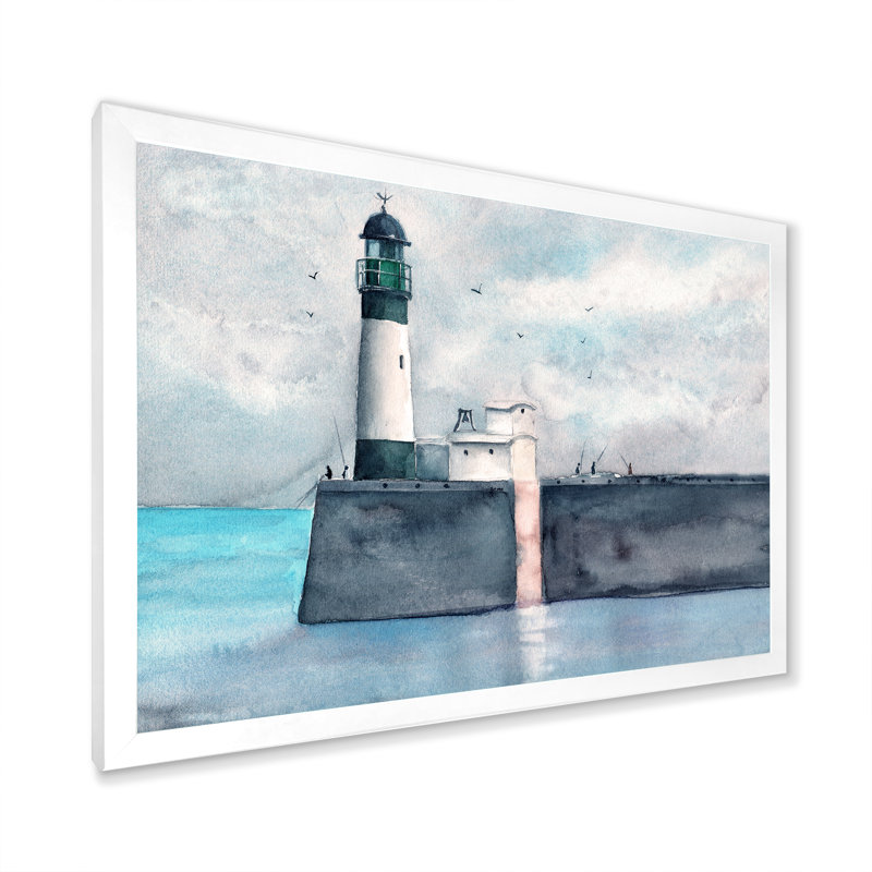 «Long Pier With A Lighthouse», reproduction sur toile, Toile blanche avec cadre d'angle fermé, H 16 po x l 32 po