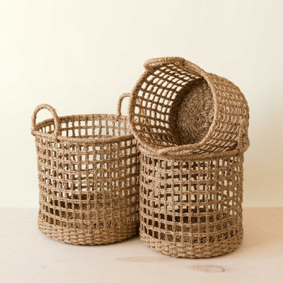 Seagrass Rope Open Weave Cylinder Basket with handles, nested set of 3