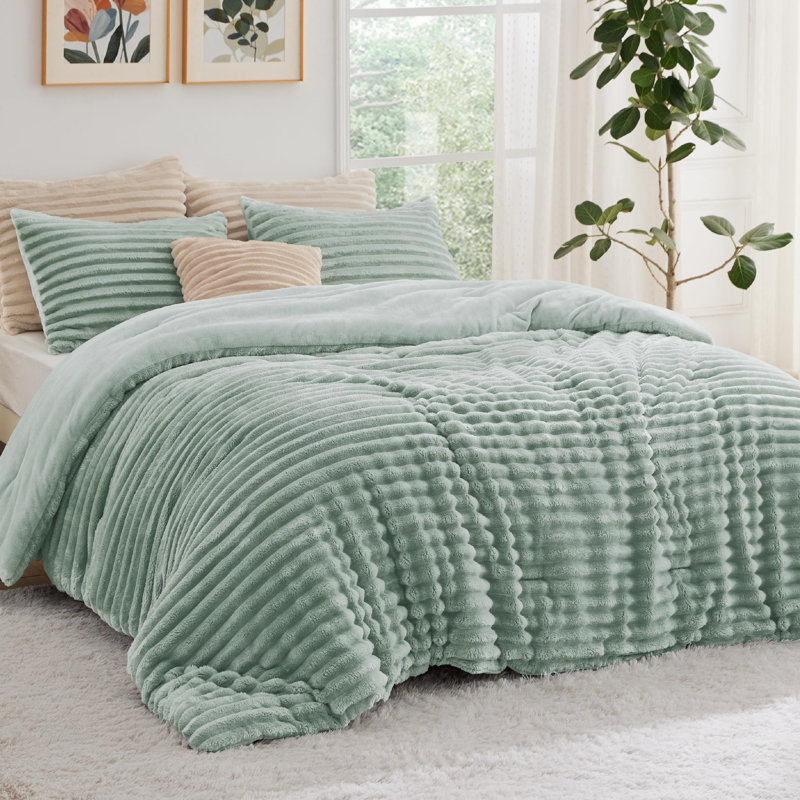 Ensemble d'édredon en fausse fourrure très douce, Vert sauge, Édredon grand + 2 taies d'oreiller standard