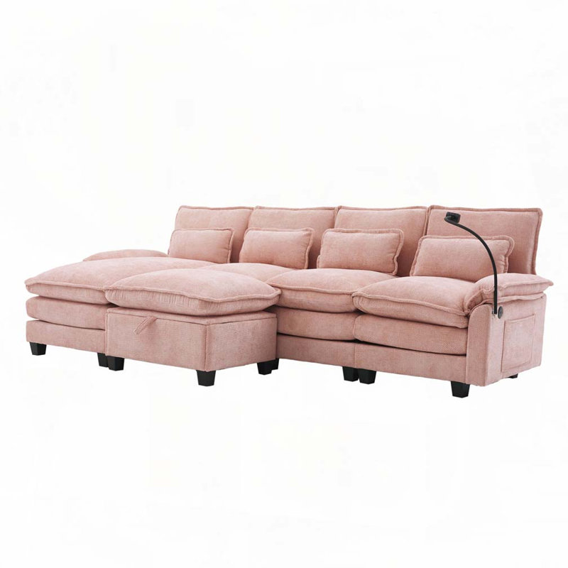 Chenille Fabric 106" U Shape Sectional Sofa, Pink