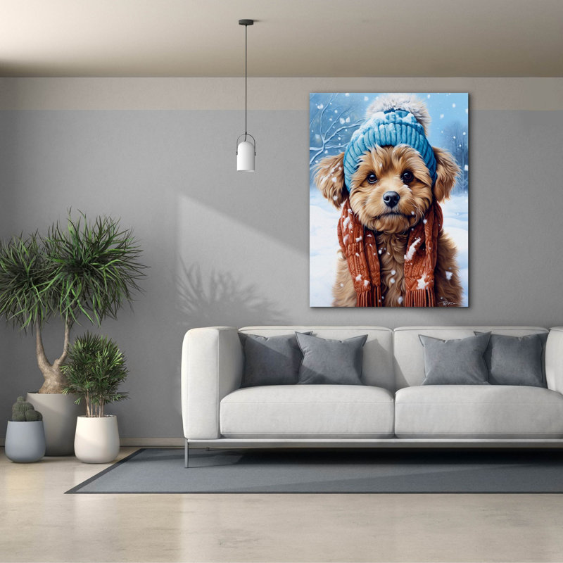 «Portrait of a Little Dog with Scarf and Wool Hat» par Momart, art mural sur toile, H 54 po x l 40 po x P 1,5 po