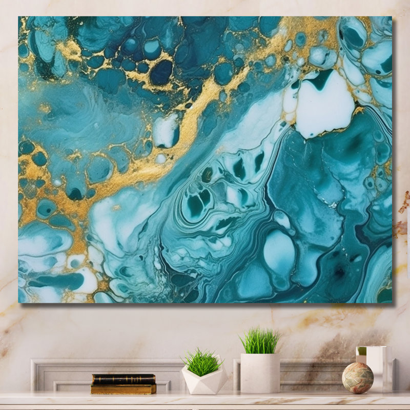 Turquoise de luxe, art fluide abstrait V encadré sur toile, H 12 po x l 20 po x P 1 po, Toile tendue