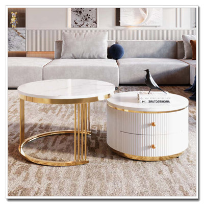 Table basse ronde et gigogne avec tiroirs