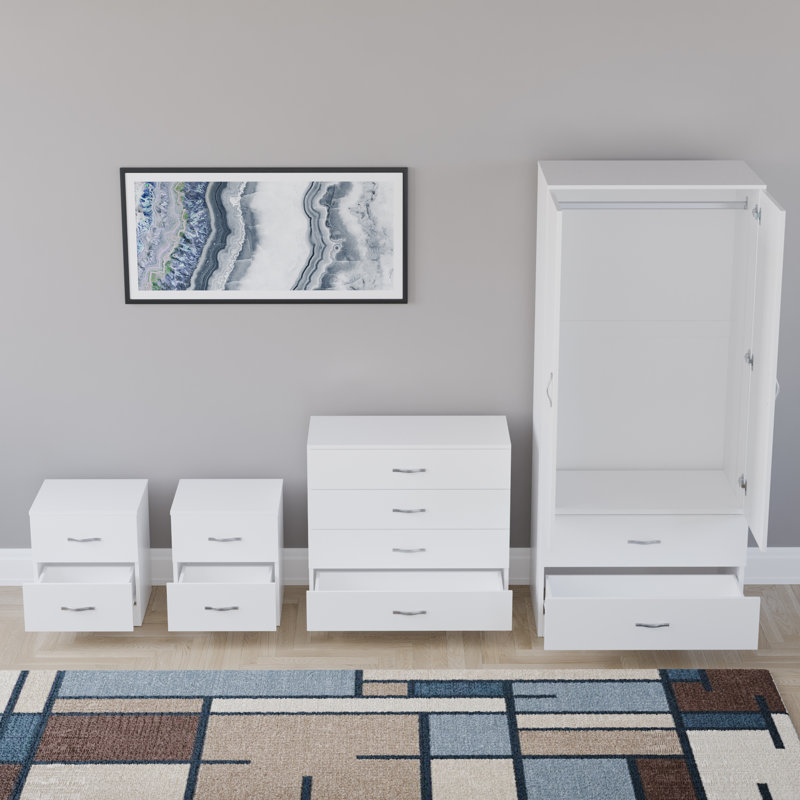 Tayce 4 Piece Bedroom Set (2 Drawer Bedside Chest X2, 4 Drawer Chest, 2 Door 2 Drawer Wardrobe), White