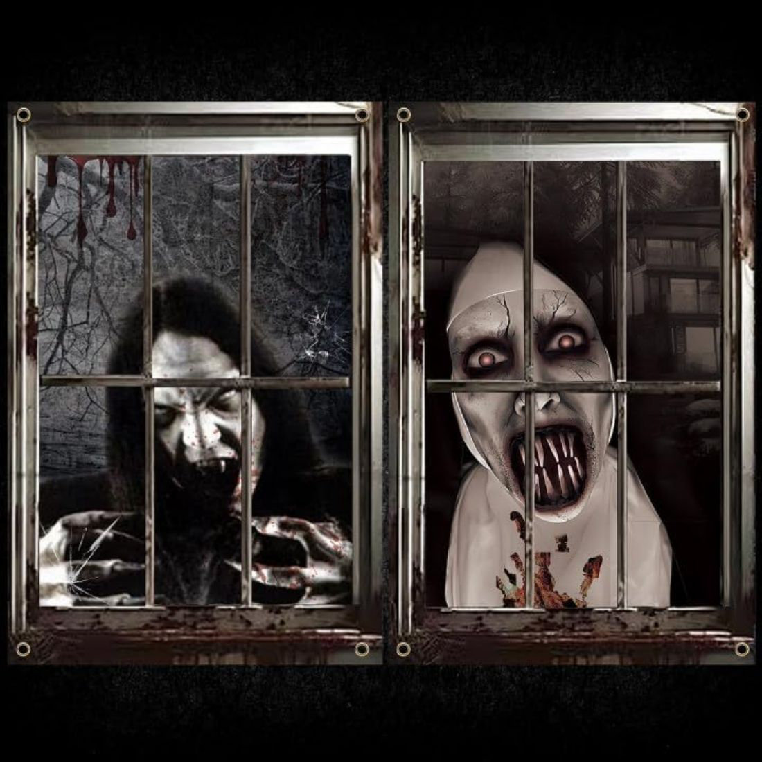 Halloween Ghost Curtain Halloween Window Silhouette Scary Female Male Blood Cover Poster Decorations For Indoor Outdoor Party