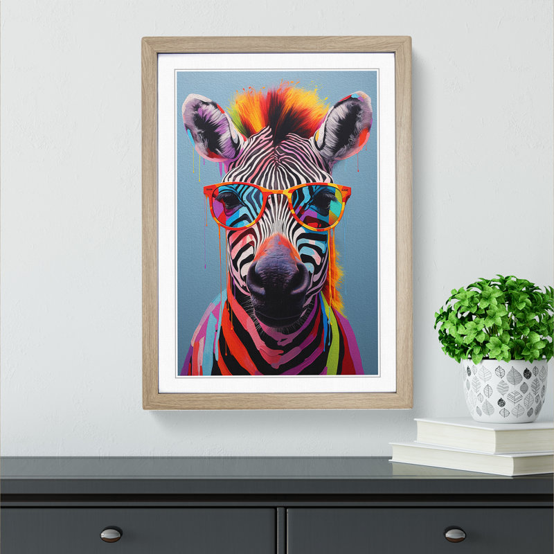 Zebra With Glasses Painting - Single Picture Frame Print on Wood, 46cm H x 34cm W x 2cm D, Oak