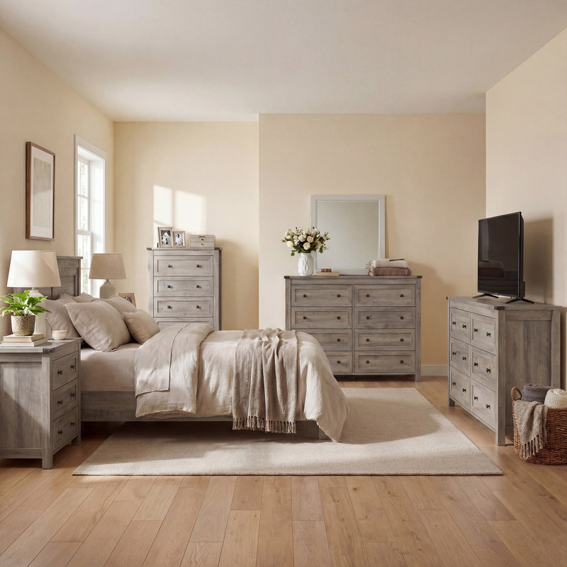 Commode double à 6 tiroirs Jaretssi l 42,7 pi, commode avec poignée carrée en métal, Chêne gris / noir
