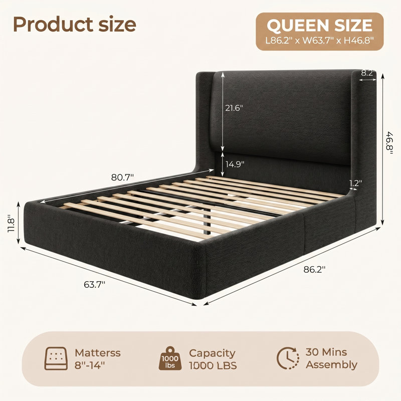 Lit plateforme Chenille, Queen, Black