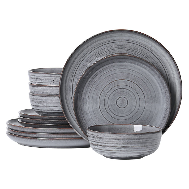  Service de vaisselle en grès 12 pièces Halo Edge, service pour 4, Gris foncé