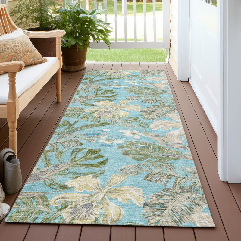 Machine Washable Indoor/Outdoor Cinead ACN1708 Teal Rug, Runner 2'3" x 7'6"