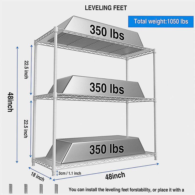 Étagère grillagée à 3 niveaux, 1050 lb de NSF, tablettes de rangement en métal à hauteur réglable pour garage, tablettes métalliques robustes