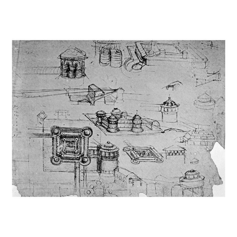 Étude pour une forteresse sur un plan carré. 43v-a du Codex Atlanticus par Leonardo Da Vinci - Estampe numérique