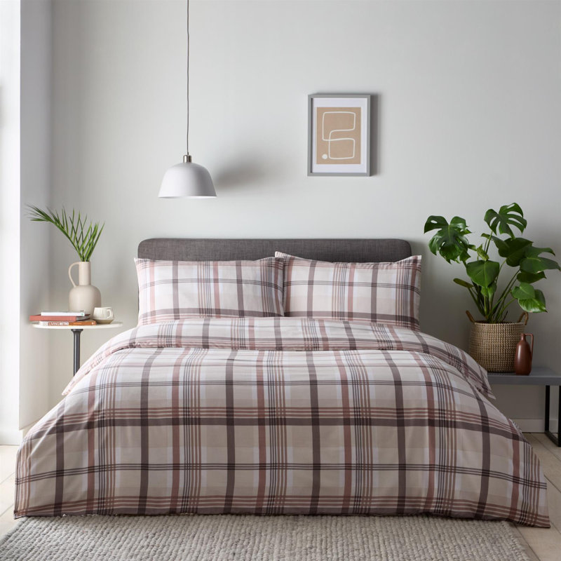 Portfolio Home Prague Check Bedding Set, Super King Duvet Cover Set + 2 Pillowcases, Beige
