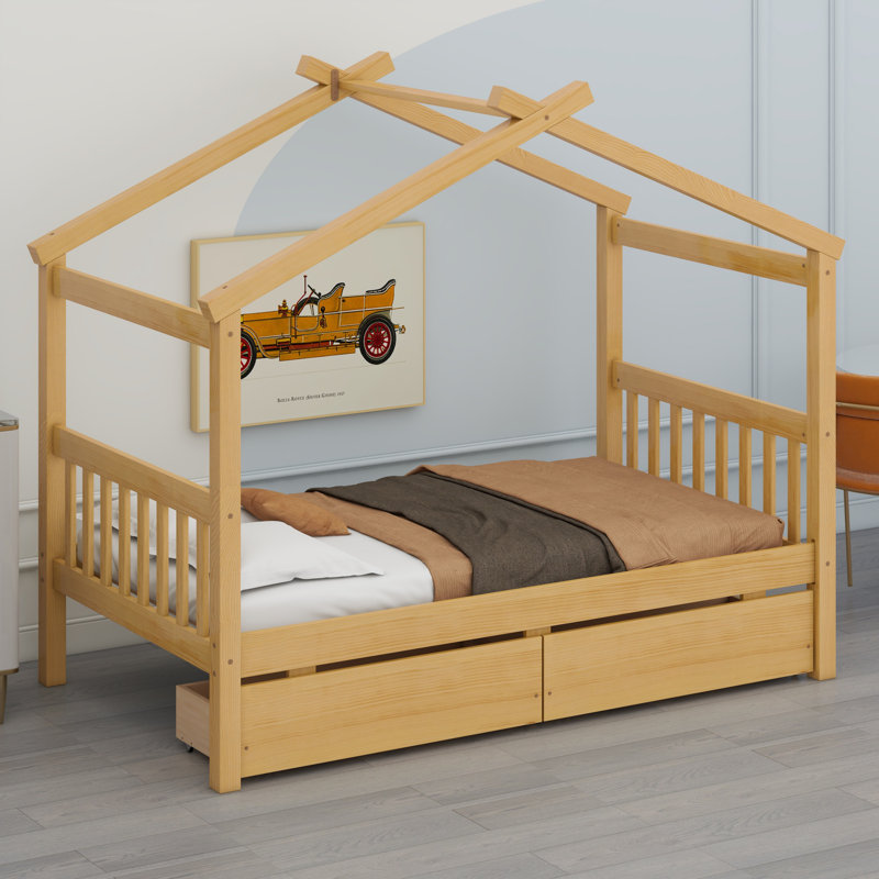 Wooden House Bed with Drawers, Natural