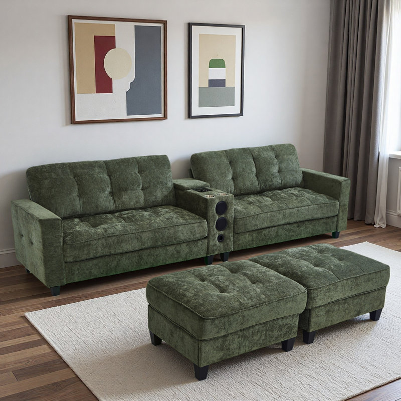 Modern U-shaped Sectional With Movable Storage Ottomans, Multifunctional Console, Bluetooth Speakers And Led Lights