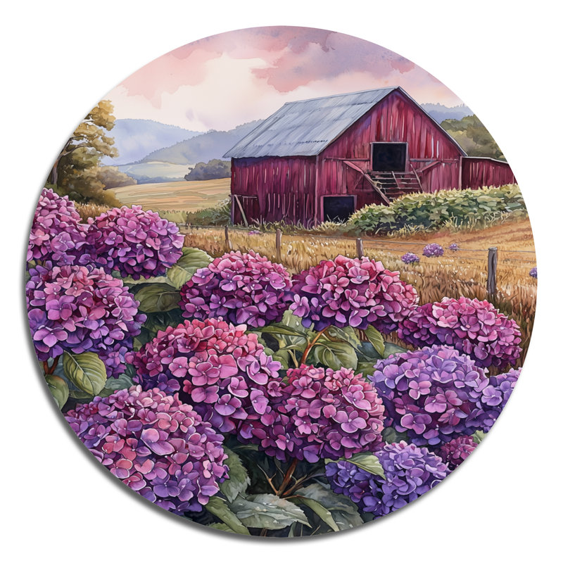 Hortensias dans la lavande couleur grange I - hydrangées rondes, art mural en métal pour le salon, H 23 po x l 23 po