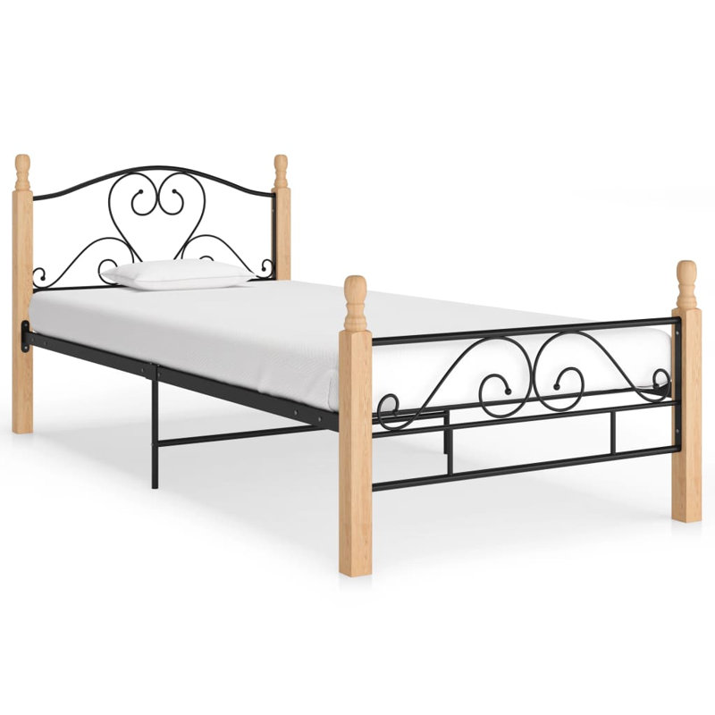 Rosalind Wheeler Bed Frame Black Metal, 90 x 200 cm, Light Wood