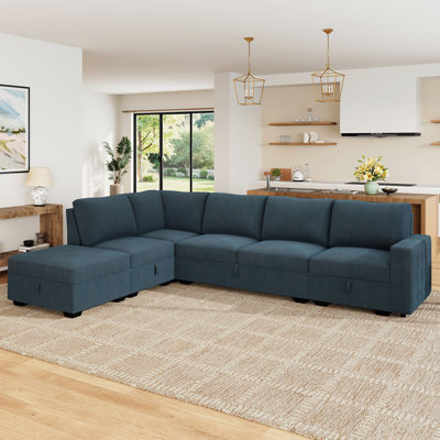 Canapé modulaire en L rembourré en velours côtelé bleu
