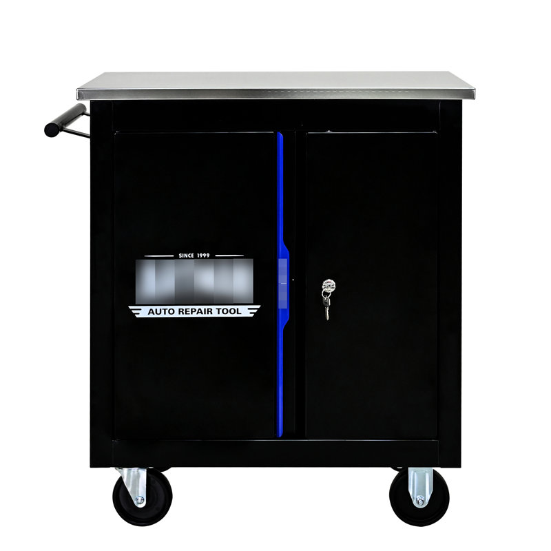 Chariot multi avec plateau en acier inoxydable et 2 freins noir + armoire à outils bleue 4 po profondeur de 27,36 po
