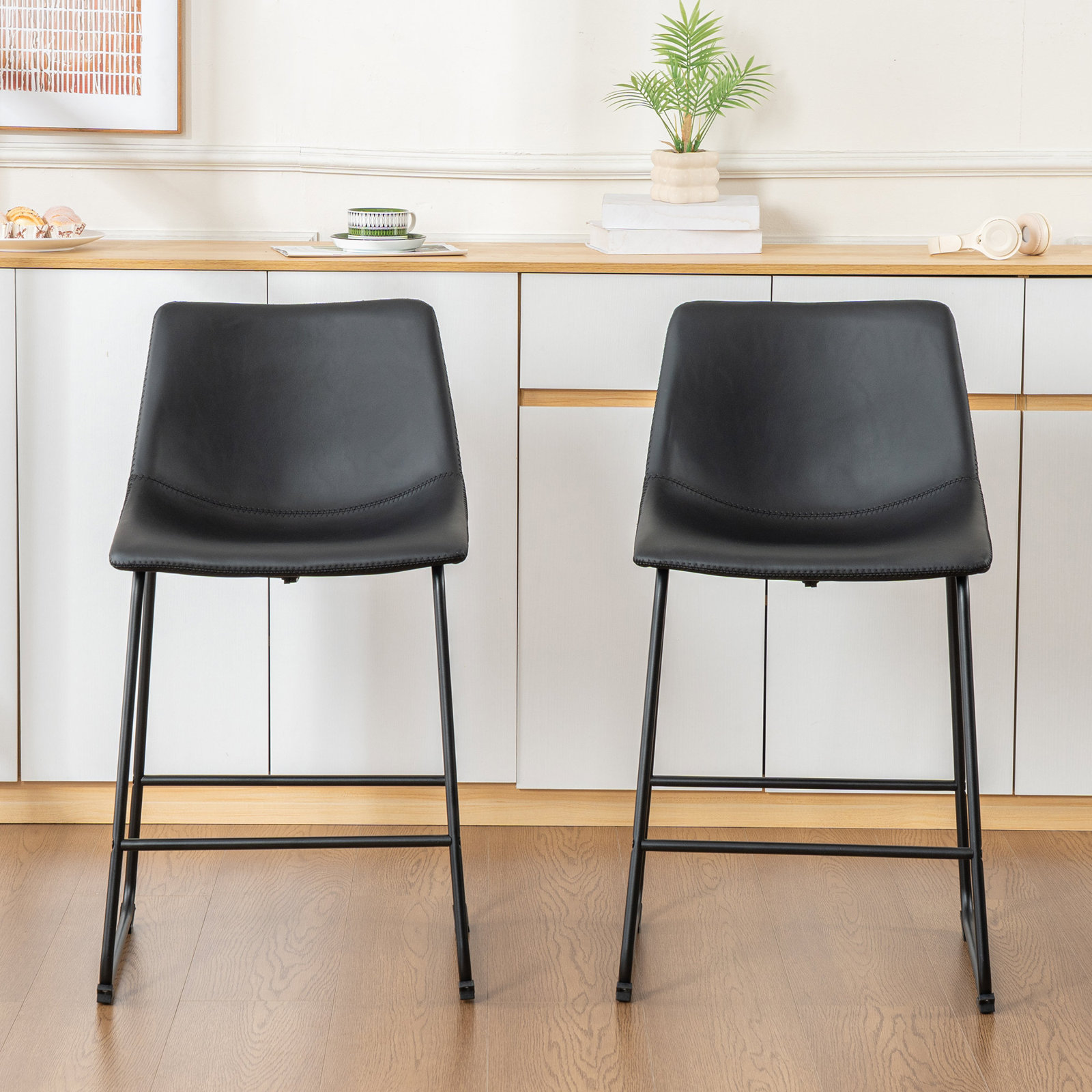 Anke Vegan Leather Armless, Black, Counter Stool (24” Seat Height)