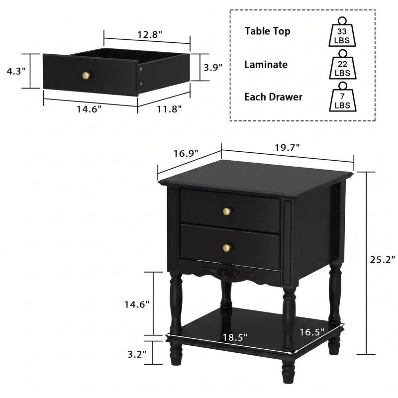 2 - Drawer Nightstand in Black, Black