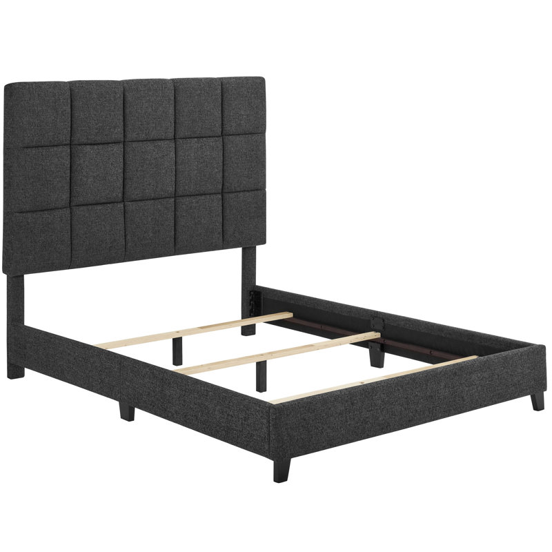 Transitional Grey Upholstered Bed Frame For Bedroom, Queen Size With Side Rails Contemporary Bedroom Bed, In Granite Dark