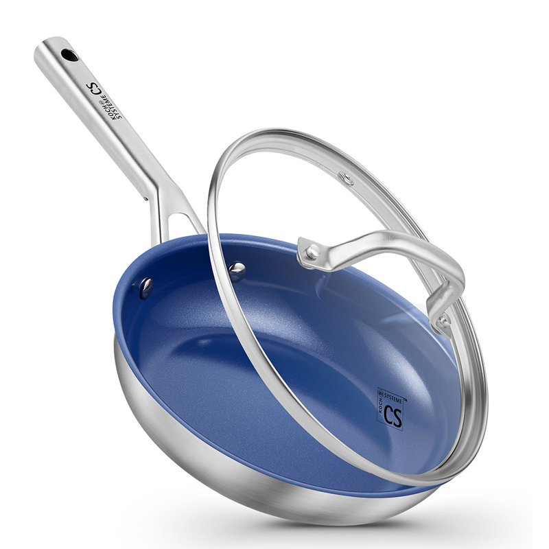 Poêle à frire antiadhésive en acier inoxydable 8 po avec couvercle en céramique 18/10, compatible avec l'induction, va au four et au lave-vaisselle, non toxique, bleu