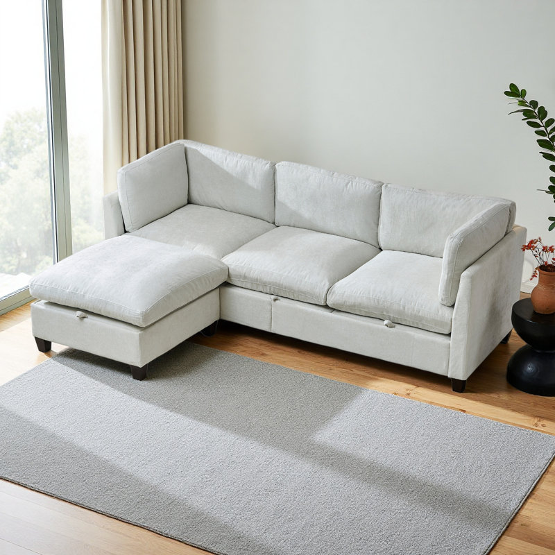96.5" Sectional Couch For Living Room, Upholstered Soft Chenille Fabric Sofa, 3-Seater With One Ottoman L Shape Sofa, Beige